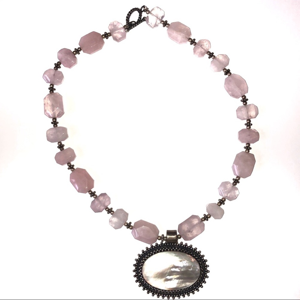 Silver Mother of Pearl and Rose Quartz Necklace